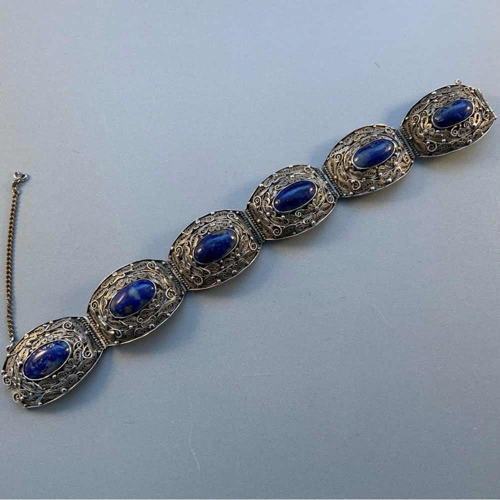 Vintage Chinese filigree silver and lapis lazuli bracelet